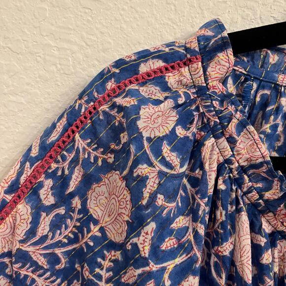 Indigo Desert Block Print Blouse Top Large Blue Floral Metallic Boho Beachy - Picture 6 of 12